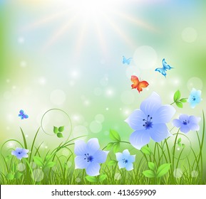 Colorful  abstract summer background with  flowers and butterflies. Vector illustration