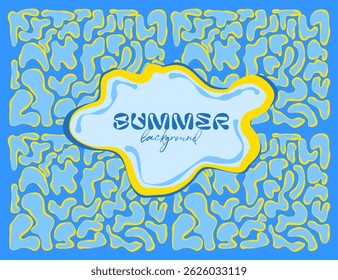 Colorful abstract summer background with hand-drawn liquid shapes and bright blue and yellow palette. Fluid organic forms surround a playful central label with typography. 