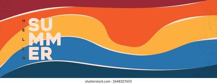Colorful abstract summer header banner with layered wave shapes and textured beach background in warm gradient tones