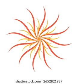 Ilustración vectorial abstracta colorida del mandala del sol con las líneas anaranjadas, amarillas, verdes, y rojas. Patrón decorativo simétrico perfecto para el arte, los fondos, la meditación, los textiles y el diseño creativo.