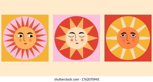 Colorful abstract suns with faces. Modern design. Pre-made cards. Various emotions. Trendy illustrations. Ethnic style. All elements are isolated. Perfect for logo,print, textile, wrap.