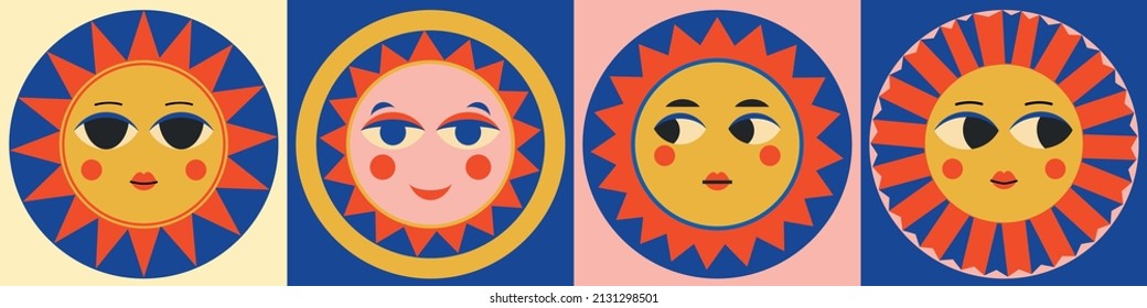 Colorful abstract suns with faces. Modern design. Pre-made cards. Various emotions. Trendy illustrations. Ethnic style. All elements are isolated. Perfect for logo,print, textile, wrap