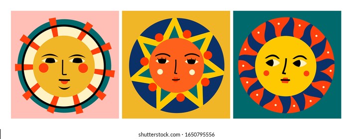 Colorful abstract Suns with faces. Pre-made cards. Various emotions. Trendy illustrations. Ethnic style. Hand drawn Vector set. All elements are isolated. Perfect for textile prints