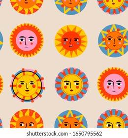 Colorful abstract Suns with faces. Various emotions. Ethnic style. Hand drawn Vector seamless pattern. Perfect for textile prints