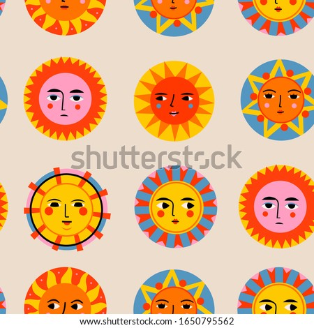 Colorful abstract Suns with faces. Various emotions. Ethnic style. Hand drawn Vector seamless pattern. Perfect for textile prints