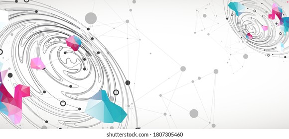 Colorful abstract swirling background with dots and geometric objects.