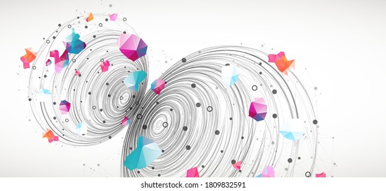 Colorful abstract swirling background with dots and geometric objects.