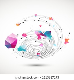 Colorful abstract swirling background with dots and geometric objects.