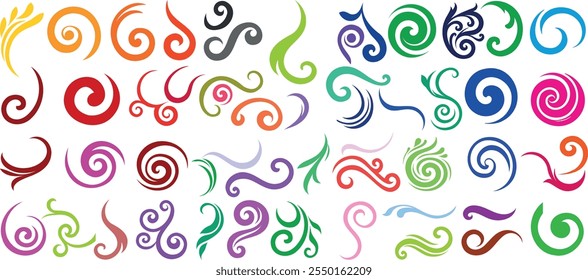 Conjunto de vetor de espirais e curls abstratos coloridos, apresentando desenhos vibrantes de espiral, onda e giro. Ideal para redemoinho, espiral e ondulação para projetos decorativos, arte digital e elementos de design gráfico