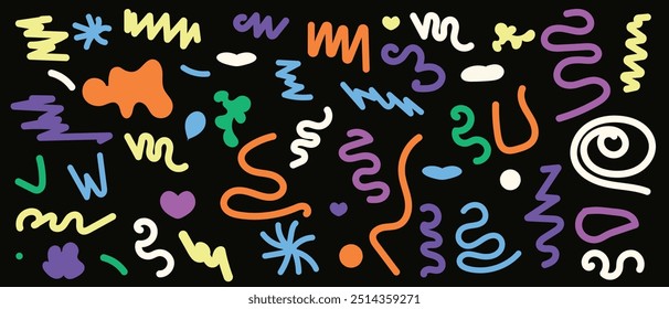 Colorful abstract swirls and shapes in a playful pattern on a black background. Cute cartoon doodles.