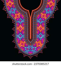 Colorful abstract symmetrical neckline pattern design for the African dashiki shirt with the savage tribe and geometrical motifs on a black background. Prints for African wax clothes and T-shirts.