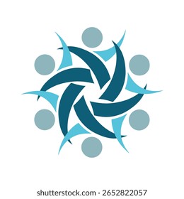 Colorful abstract teamwork and community spiral logo design. Vector illustration of people in a circular mandala pattern, symbolizing unity, diversity, partnership, support, harmony, and social design