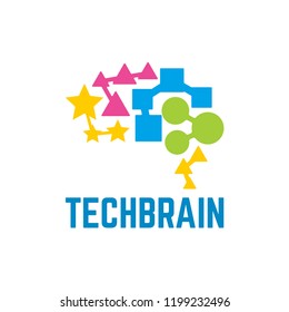 Colorful abstract tech brain stands from connected stars, triangles, squares and dots.