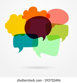 Colorful abstract template with colorful bright speech and thought bubbles on white background.