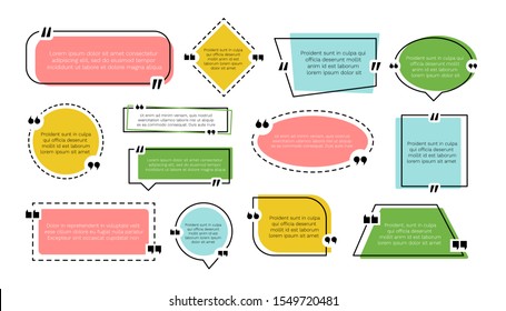 Colorful abstract texting boxes. Vector speech citation balloon note, remark frame set of quotation bubble blog quotes symbols. Quote text design template