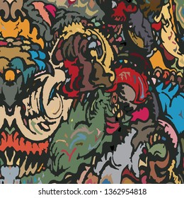 Colorful abstract texture, based on closely intertwined colorful shapes, with black outlines