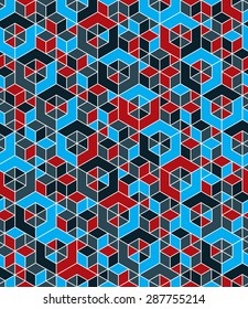 Colorful abstract textured geometric seamless pattern. Vector bright textile backdrop with cubes and squares. Graphic contemporary futuristic covering.