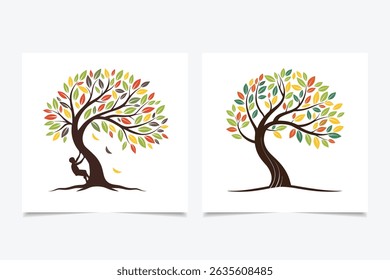 Colorful Abstract Tree Illustration with Curved Trunk and Leaves