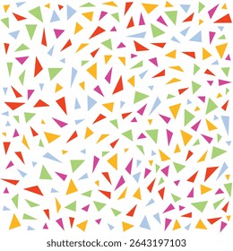 Colorful abstract triangle pattern scattered across a white background.