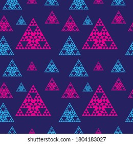 Colorful Abstract Triangle Shape Ornament pattern. Triangular Geometric Seamless Pattern Design Template. Light Blue, Pink Magenta, Dark Blue Color Theme.