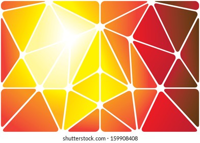 Colorful abstract triangles background of geometric shapes. These unusual vector shapes are made of orange, red, yellow colors with a glow of light in the center