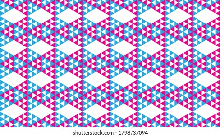 Colorful Abstract Triangles Ornament, Triangular Shapes Wallpaper. Geometric Seamless Pattern Design Template. Light Blue,Pink Magenta And White Color Theme.
