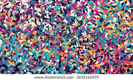 Colorful abstract triangles and polygons with playful disorder for creative concept or textile. Dynamic vibrant geometric chaos with random triangular pieces or sharp fragments. Vector background
