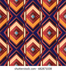 Colorful abstract tribal seamless pattern. Geometric blue background wallpaper illustration with multicolor bright geometry shapes, figures, rhombus and tiled stylish ornament. Vector surface  texture