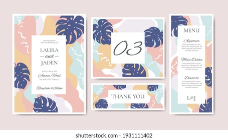 Colorful abstract tropical leaves wedding invitation template set bundle pack