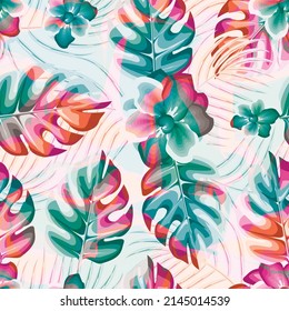 colorful abstract tropical monstera palm seamless pattern white blue jasmine flower. nature pattern. seamless decorative. floral background. Summer design. print textile. tropical background