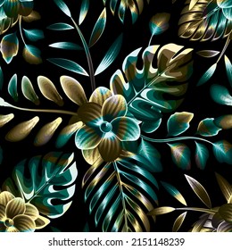 colorful abstract tropical seamless pattern with monstera plants foliage and frangipani flowers on dark background. Floral background. Summer design. nature wallpaper. Botanical art. surface design.