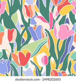 Colorful Abstract Tulip Flower with Contemporary style on Vector Seamless Pattern