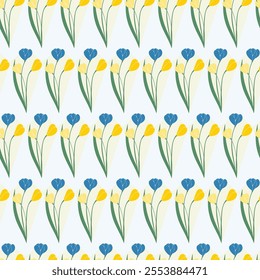 Colorful Abstract Tulips in a Kite Shape Geometric Stripe with Indigo Blue, Yellow Ochre, and Hunter Green design creating a seamless pattern print background