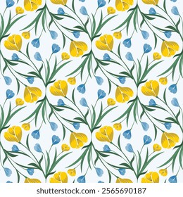 Colorful Abstract Tulips in an Ogee Shape with Yellow Ochre, Indigo Blue, and Hunter Green design creating a seamless pattern print background