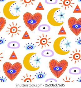 Colorful abstract turkish evil eye seamless pattern. Greek magic astrology design. Vector background