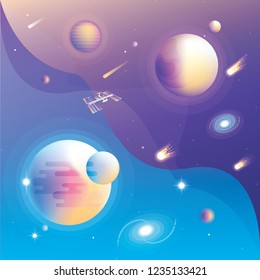 Colorful abstract universe vector scene with vibrant planets, falling comets, galaxies, stars and space station