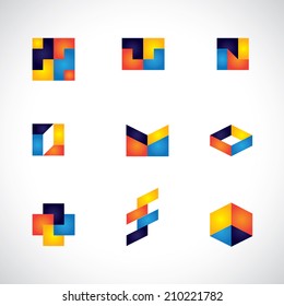 colorful abstract unusual shapes vector icons of design elements. This graphic contains orange, yellow, red, blue colors in vibrant combinations
