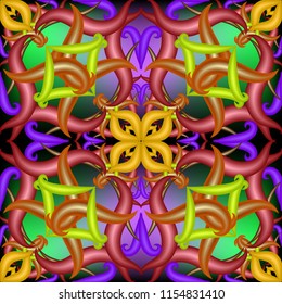 Colorful abstract vector 3d Paisley seamless pattern. Ornamental floral glowing background. Damak hand drawn ornament with line art tracery paisley flowers, leaves, swirls. Shiny decorative design