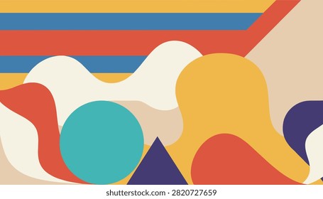 Colorful abstract vector art of flowing fluid shapes, circles, and triangles against a bold striped background sky.