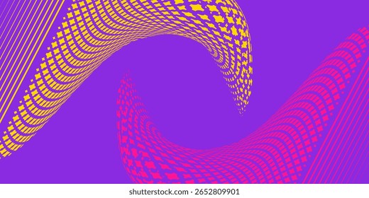 Fundo de vetor abstrato colorido com padrões curvos de onda de meio-tom em roxo, amarelo e rosa. Perfeito para pop art, design digital, cartazes e temas de música