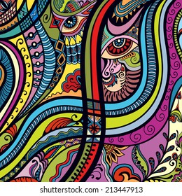 Colorful abstract vector background, ethnic ornament, asymmetric pattern, cartoon vector illustration