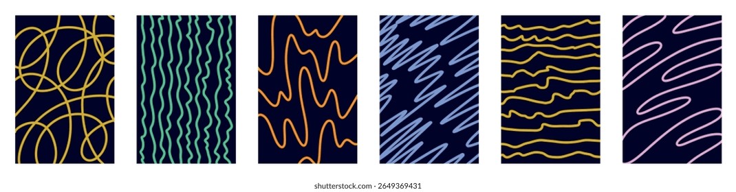 Colorful abstract vector childish doodle backgrounds set with organic wavy hand drawn lines, scribbles, swirls, curves, funky groovy shapes, liquid zigzag maze, vibrant sketchy squiggles on dark