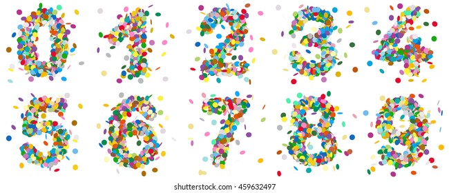 Colorful Abstract Vector Confetti Numbers Set - Collection of Figures From Zero to Nine.
