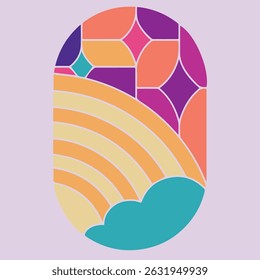 Diseño de Vector abstracto colorido en un marco ovalado con Formas de mosaico geométrico en tonos vibrantes de naranja, púrpura, rosa y verde azulado