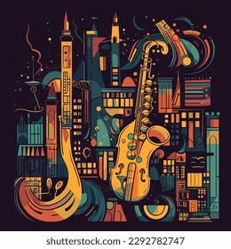 Colorful, abstract, vector illustration of jazz instruments coming together with city silhouette and lights to create a vibrant background