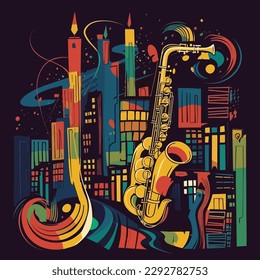 Colorful, abstract, vector illustration of jazz instruments coming together with city silhouette and lights to create a vibrant background