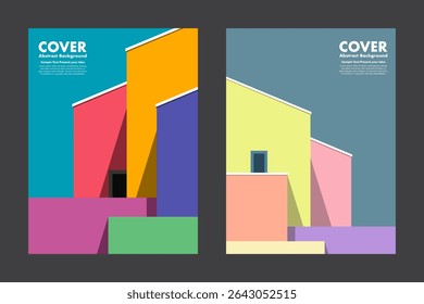 Colorful abstract vector inspired by modern minimal architecture, combining playful geometric forms with bold shadows. For creative covers, posters, digital artwork, annual report, architecture theme.