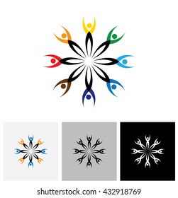 colorful abstract vector logo icon of people connected together. this graphic also represents communities collaborating as team for common good and society peace and universal harmony