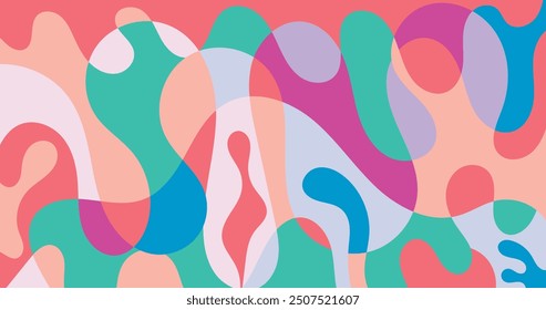 Colorful abstract vector pattern with organic shapes and overlapping layers in vibrant pastel tones. Ideal for backgrounds, wallpapers, textiles, and modern design projects