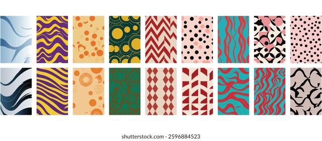 Colorful Abstract Vector Pattern Set, Geometric, Wavy, and Dotted Digital Backgrounds for Graphic Design, Print, and Web Applications.